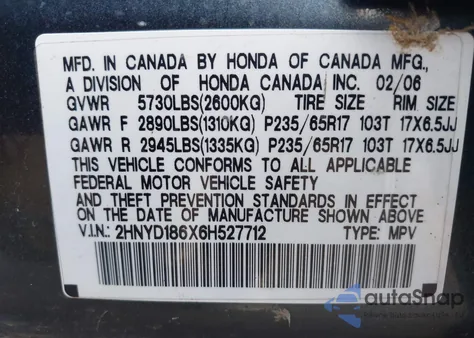 2006 Acura Mdx from USA, damaged, VIN 2HNYD186X6H527712